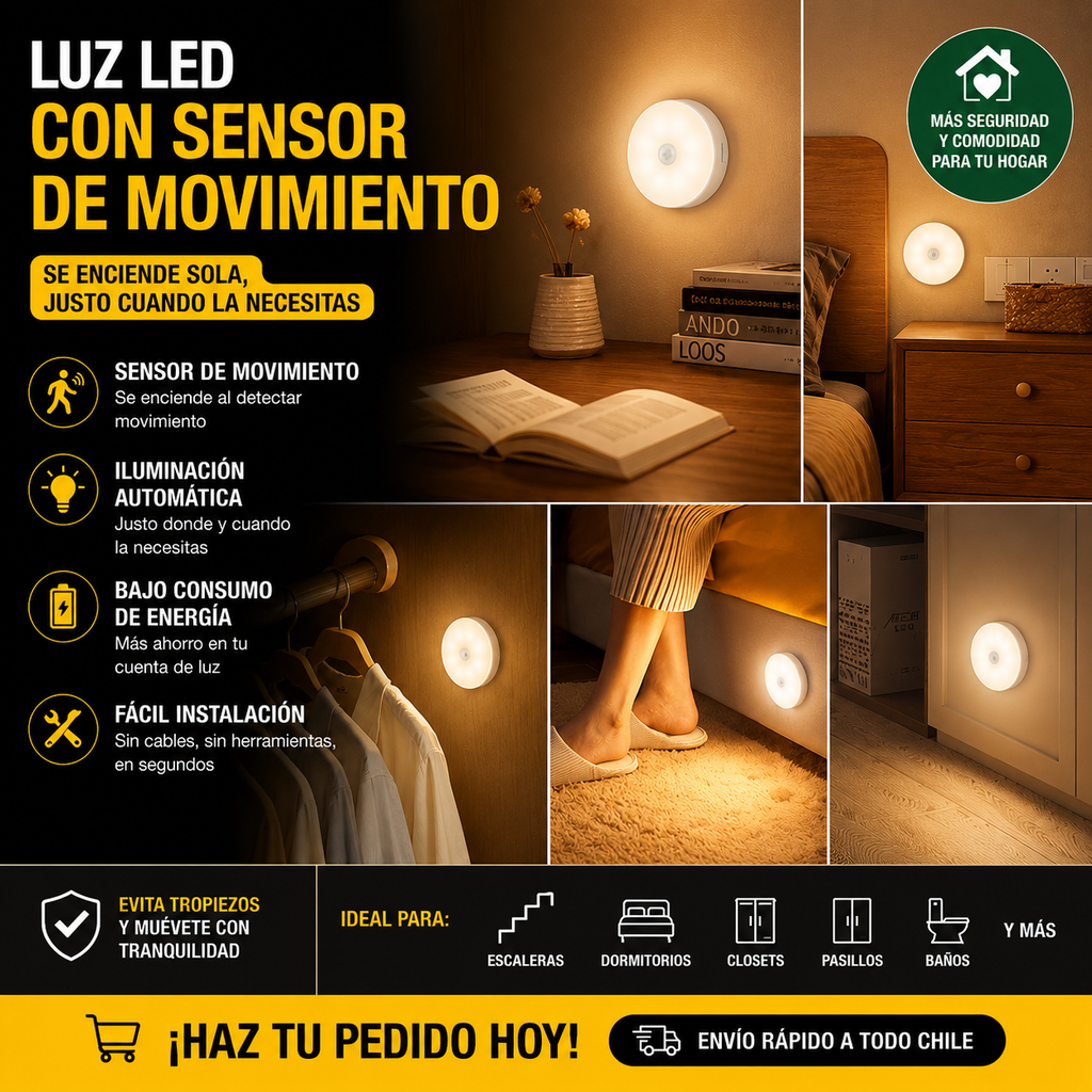LUZ LED CON SENSOR DE MOVIMIENTO - PACK DE 3