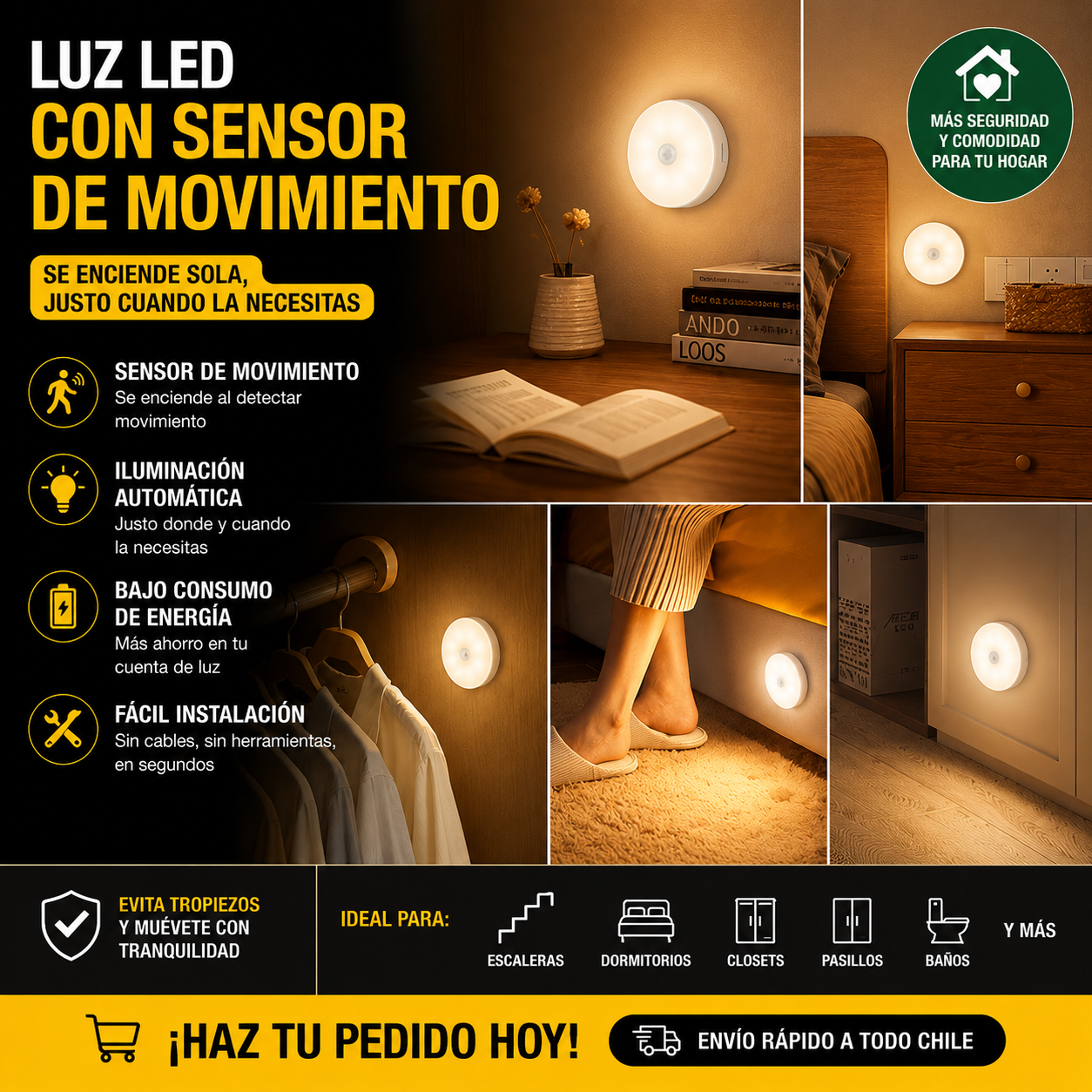 LUZ LED CON SENSOR DE MOVIMIENTO - PACK DE 3